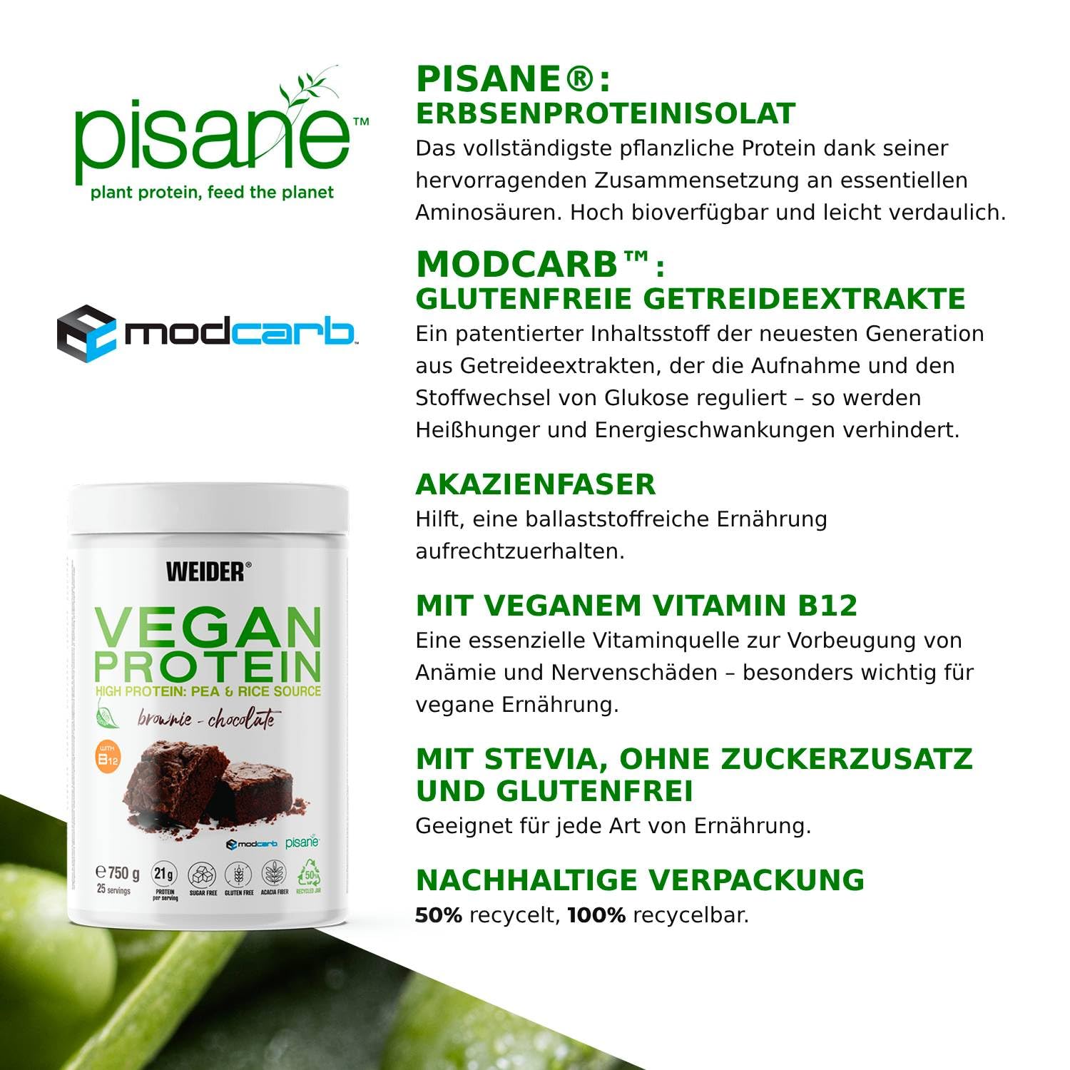 Weider Vegan Protein (750g) Brownie-Geschmack, 21g Protein/Dosis | 100% pflanzliches Protein aus Erbse (Pisane) + Reis, mit Vitamin B12, Akazienfaser, Stevia, Zuckerfrei, Glutenfrei