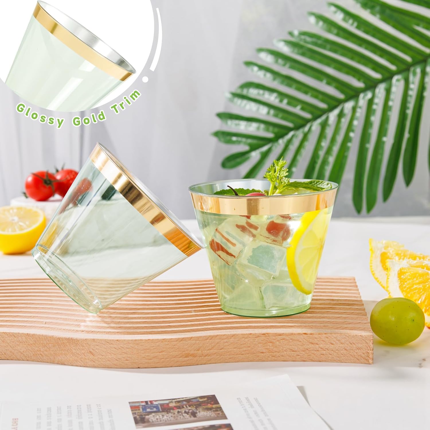 supernal 100 Pack Green Plastic Cups, 9 Oz Clear Green Disposable Cups with Gold Rimmed - Plastic Wine/Cocktail Glasses, Disposable Bridal/Shower Baby Shower Cup Perfect for Party & Wedding - Image 8