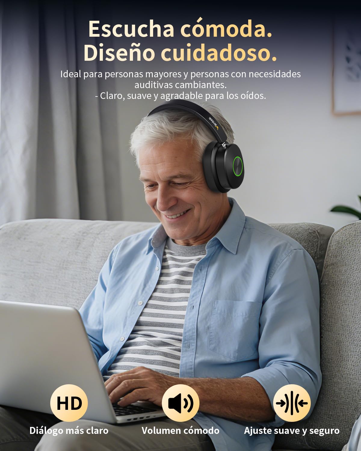 Wantek Auriculares inalámbricos para televisión, Auriculares inalámbricos de TV para Personas Mayores con estación de Carga del transmisor, sin demora de Audio, Bluetooth 5.4, Auriculares de Diadema