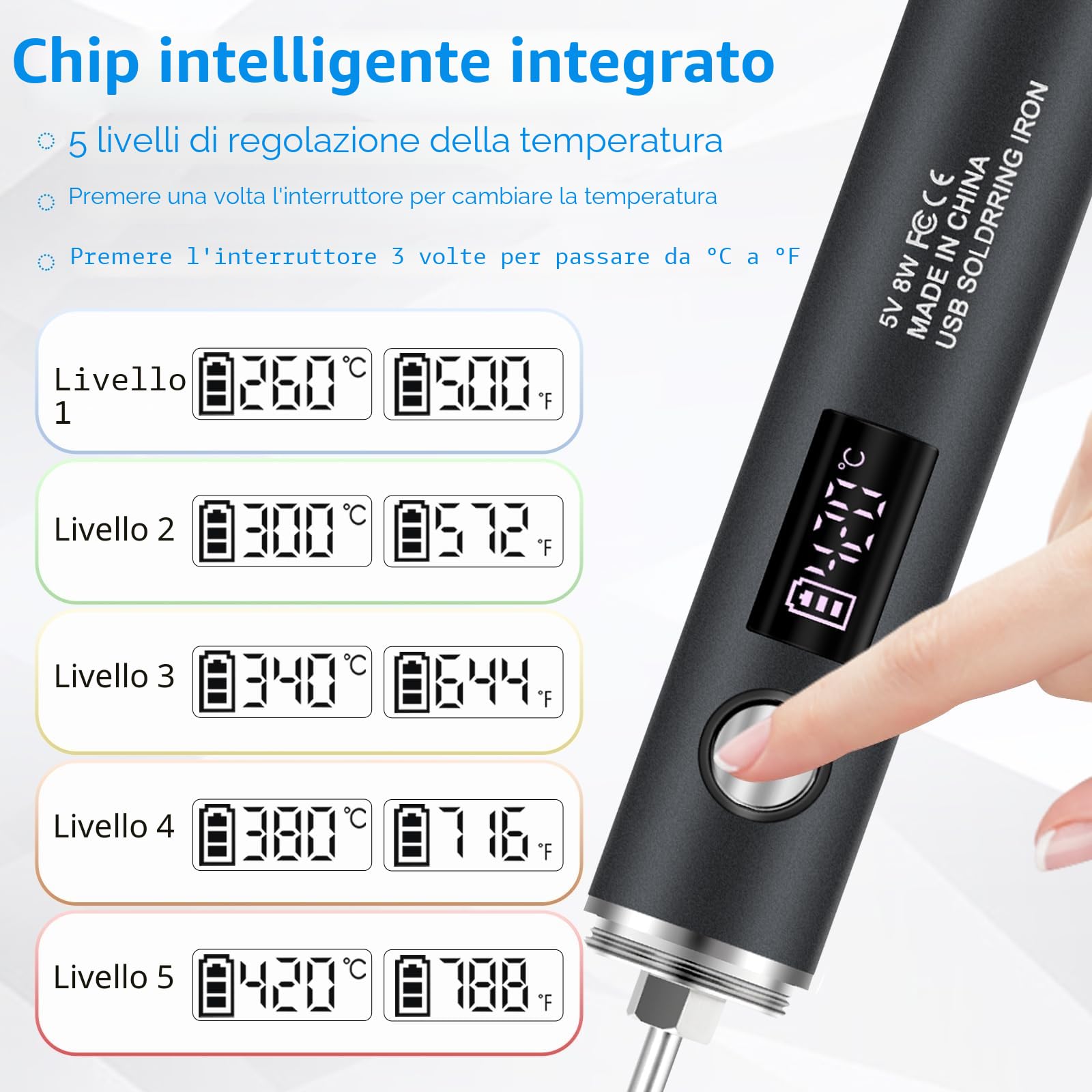 diymore Set saldatore a batteria, saldatore senza fili USB, temperatura regolabile in 5 modalità 260 ℃-420 ℃, 3 punte di saldatura, saldatore a batteria per riparazione di saldature
