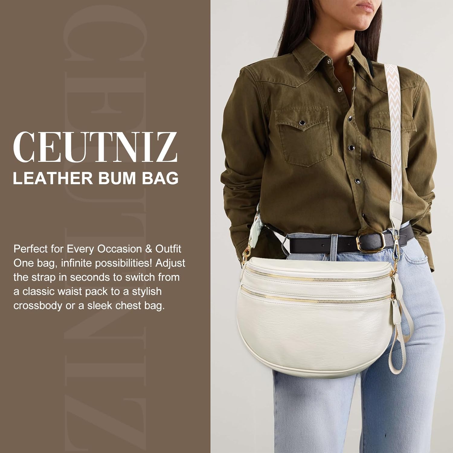 Brown PU Leather Bum Bags for Women Crossbody Sling Bag Large Fanny Pack Trendy Leather Belt Bag - Image 2