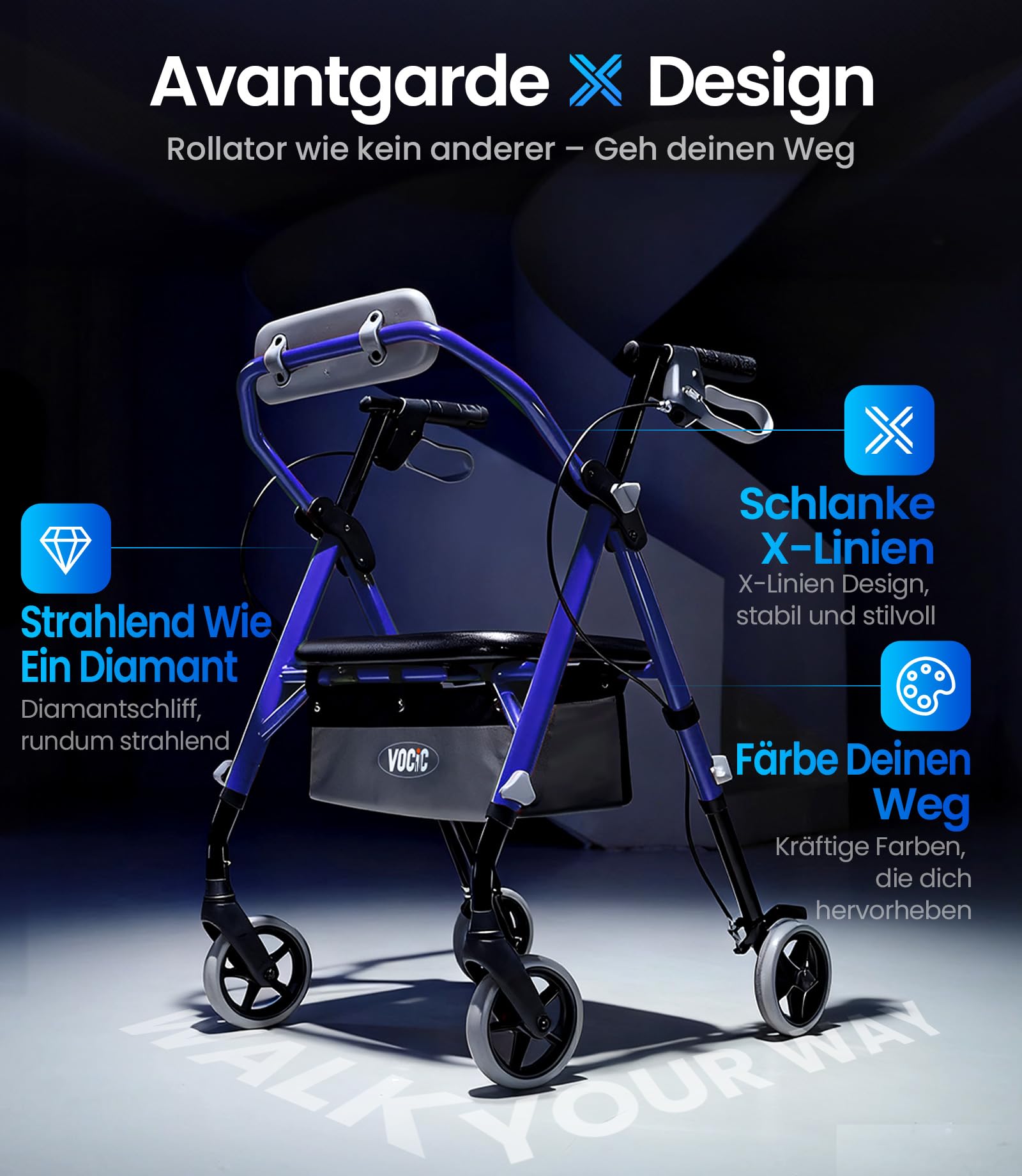 VOCIC Z11 Rollator faltbar und leicht mit Sitz,Max 172kg,Schmal für wohnung | Rollatoren leicht klappbar für Senioren, Sitz & Griff – Ergonomisch & Höhenverstellbar,Walker Meeresblau, 5 Jahre Support