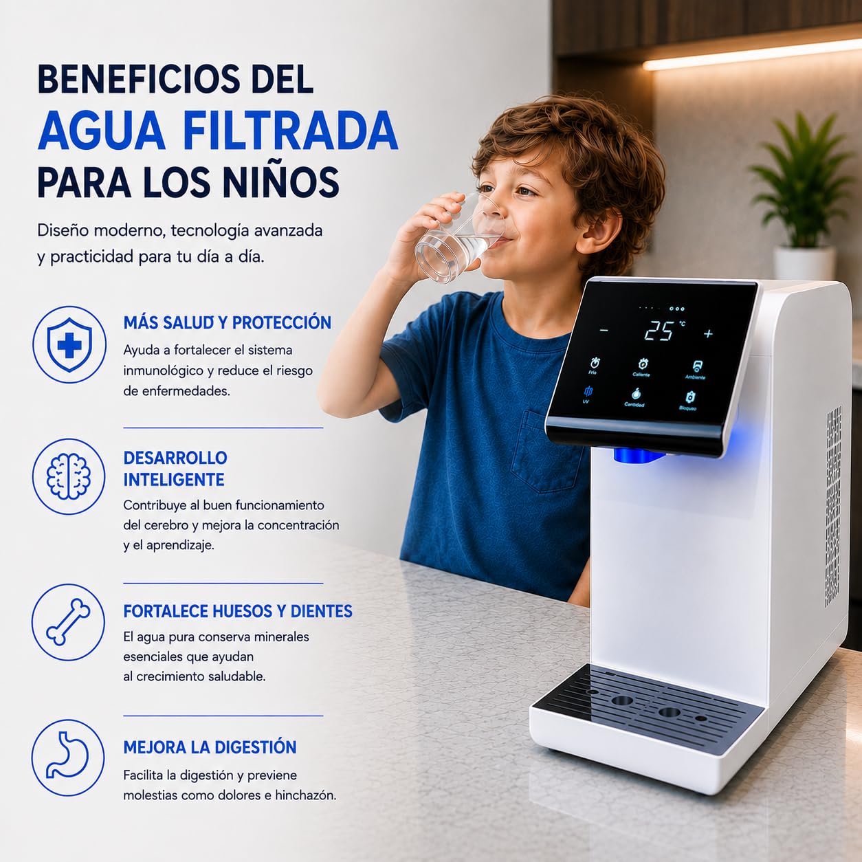 Filtro Dispensador de Agua Fría, Caliente y Natural, Purificador de Agua sin Garrafón, Filtro de 2 Etapas, Esterilización UV, de Sobremesa.
