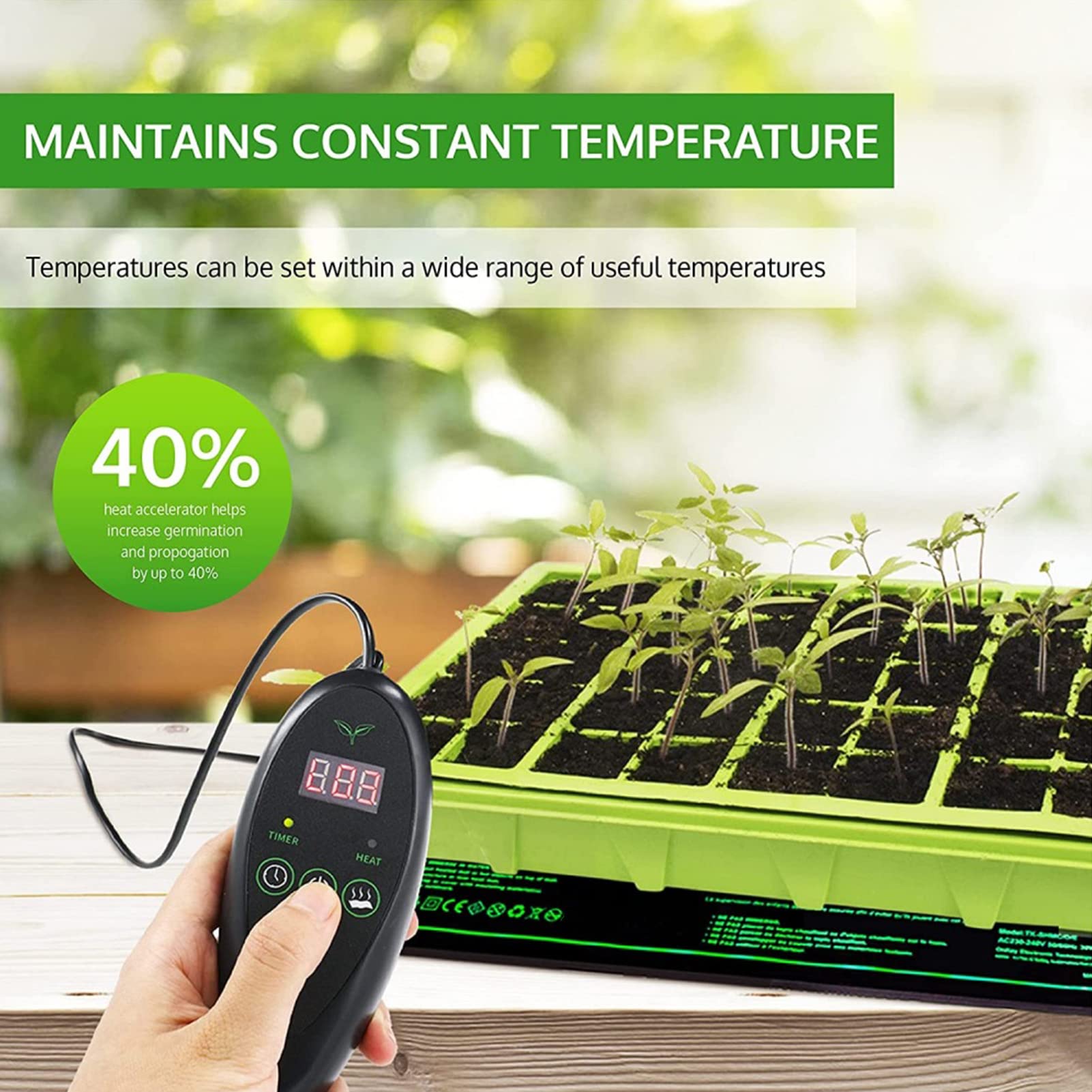 Shanrya Tapis Chauffant pour Semis, Contrôleur Thermostatique en PVC étanche IP67 Connexion d'alimentation Sûre 20 X 10 Pouces Coussin Chauffant pour Semis pour Plantes (Prise UE 220-240V)