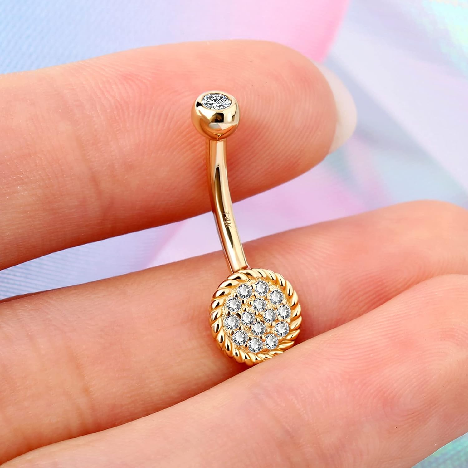 Melighting Belly Piercing Bars 14K Gold Belly Button Rings Sparkling CZ