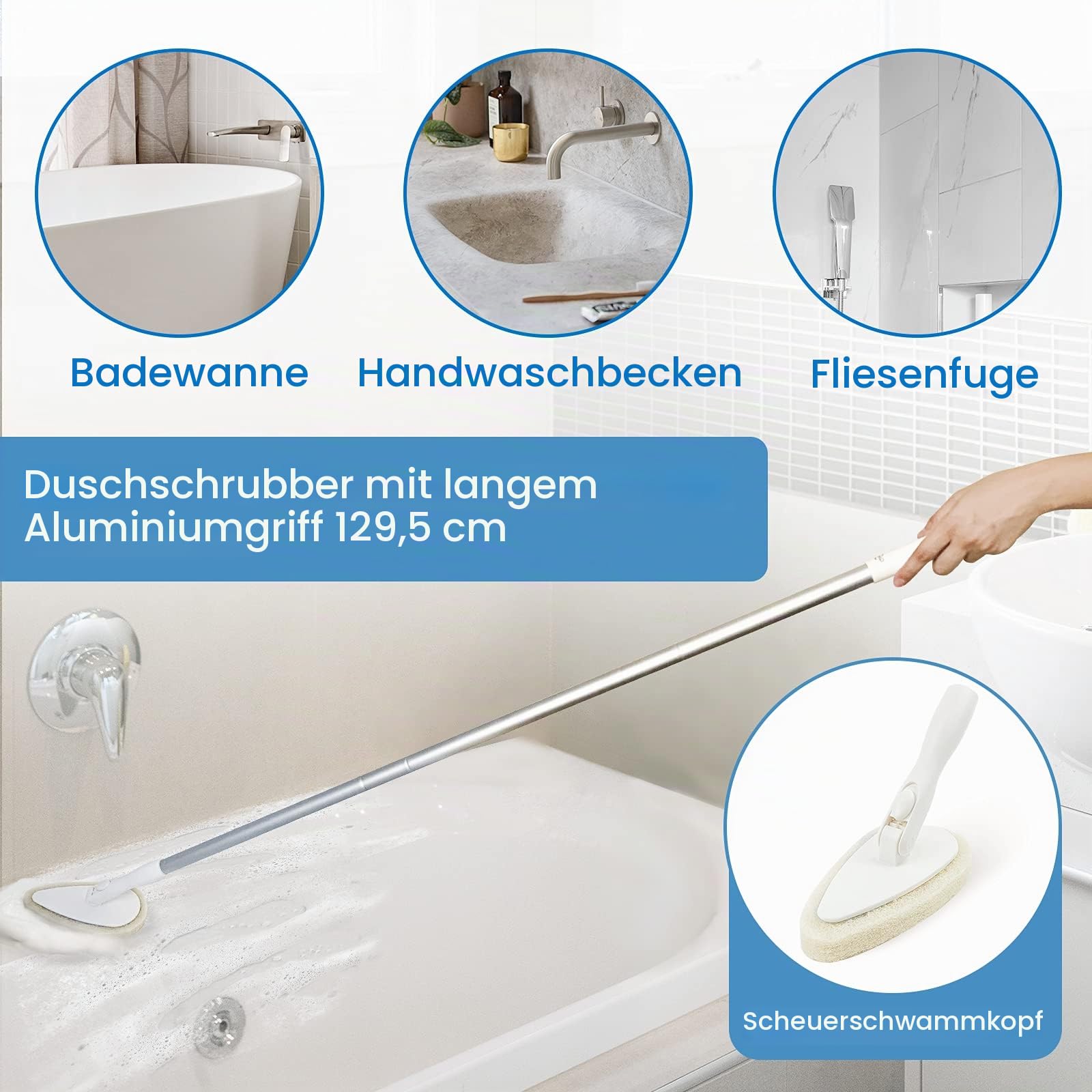 Qaestfy Reinigungsbürste Bad Dusche Schrubber mit Stiel Fliesenreiniger Borstenbürste Badreiniger mit 130cm Stiel für Duschwand Badewanne Badezimmer Toilette Wand Boden