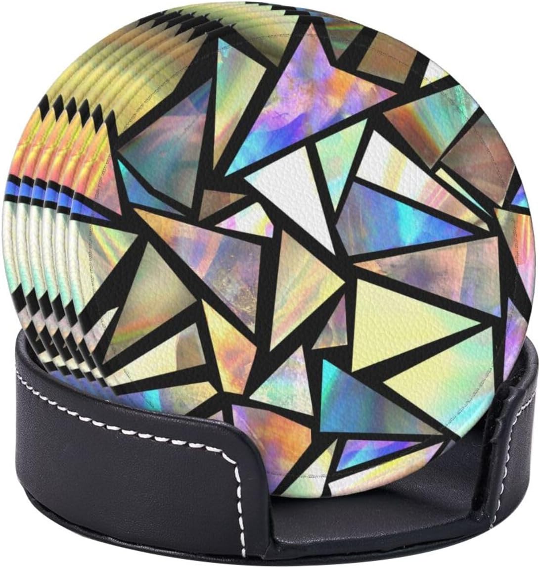 Bright Iridescent Stylish Coasters For Drinks Round Leather Coaster With Holder Set Of 6 For Tabletop Protection Desk Accessories Office Home Room Decor image 2