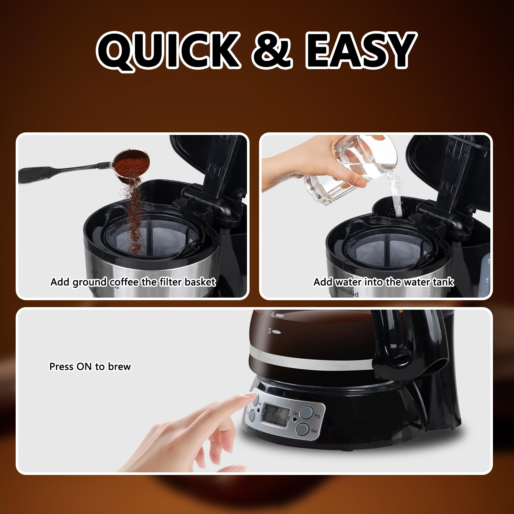 5-Cup Programmable Drip Coffee Maker with Digital Timer, Glass Carafe,24-Hour Auto Brew,2-Hour Auto Shut-Off, Pause & Pour, Removable Filter Basket,Compact Coffee Machine for Home & Office - 5