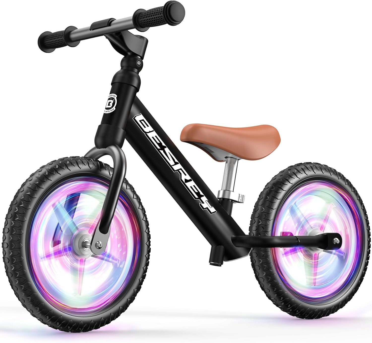 besrey Bicicleta de equilibrio para niños de 2 años, marco totalmente metálico, ruedas de iluminación activadas por movimiento de 12 pulgadas, todo