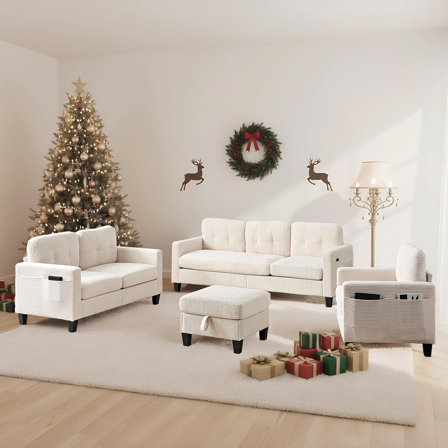 Mjkone 3 Pieces Living Room Set, Corduroy Sectioanl Sofa Set with Storage Ottoman, Convertible Couches with Side Pockets, L Shaped Sofa + Loveseat + Armchair for Living Room Apartment Office, White