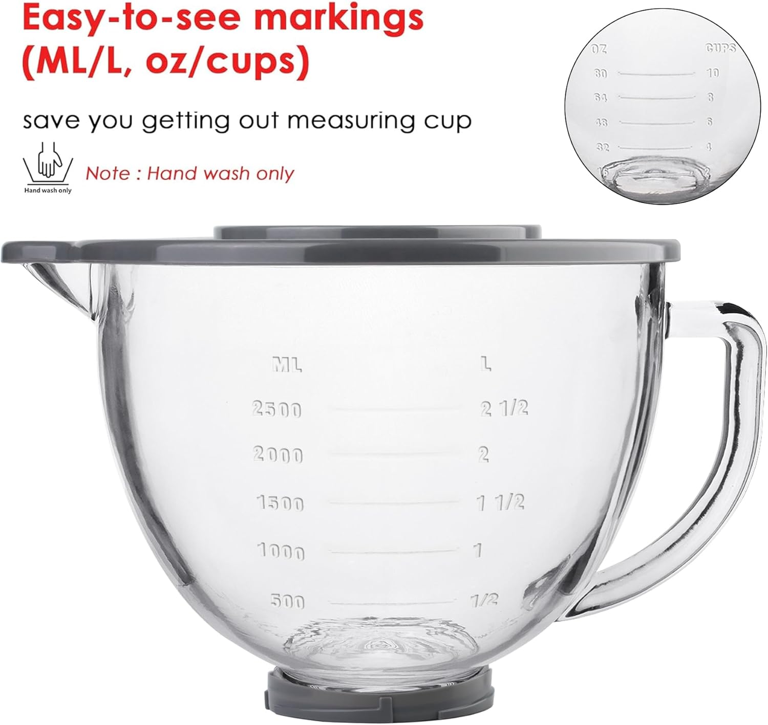 Glass Mixing Bowl Accessory 5 Quart - Compatible with KitchenAid 4.5 and 5 Quart Tilt-Head Stand Mixers (With Lid & Lock Ring)