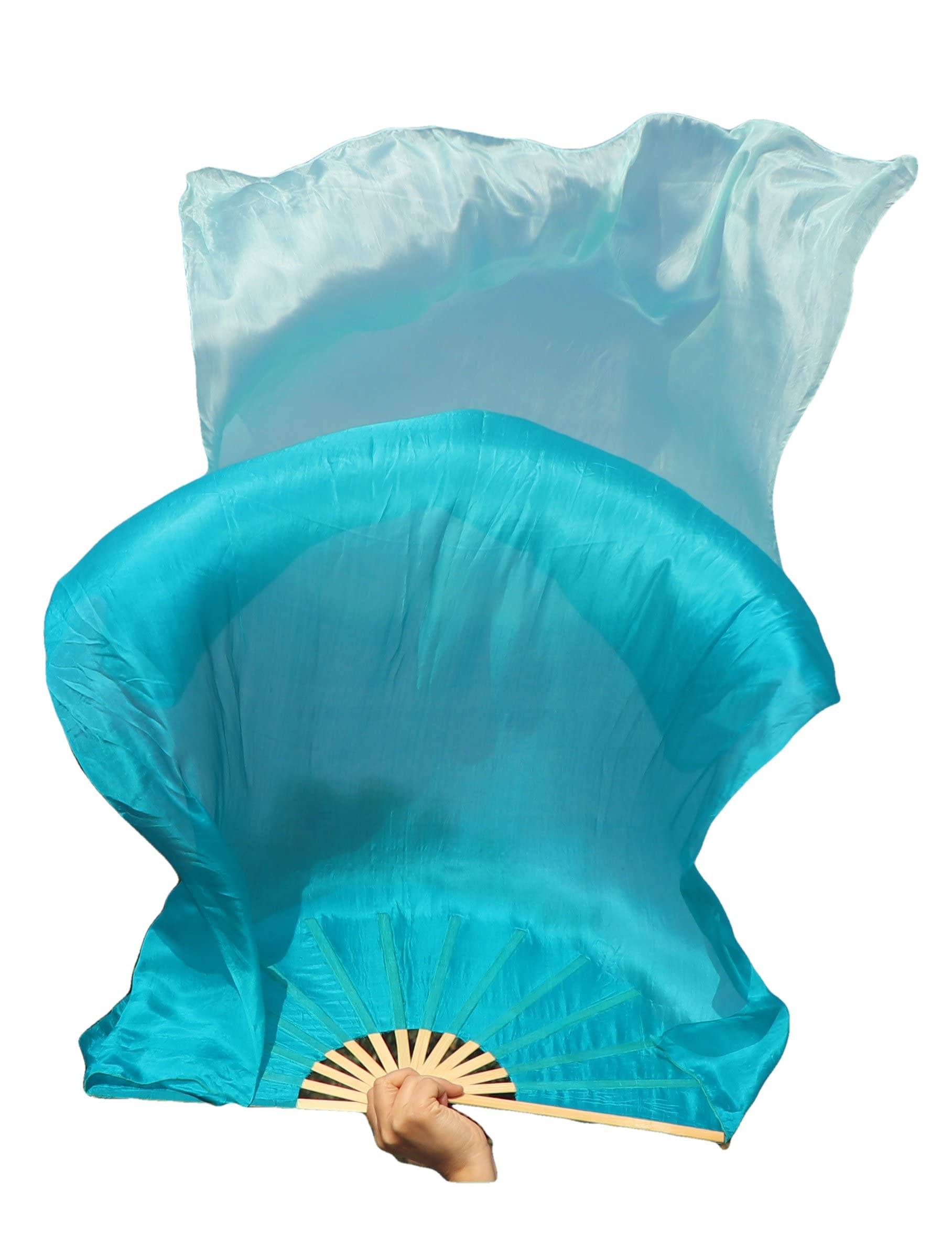 Winged Sirenny 1 Piece 70"(180 cm) Belly Dance Silk Fan Veil, Adjustable Worship Praise Flag Streamer (Peacock Green Fading)