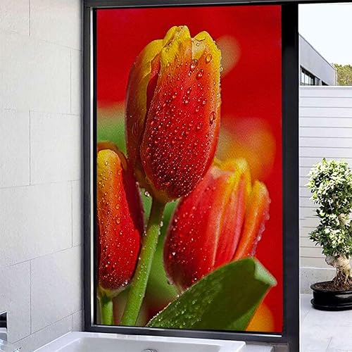 Miniatura 2 de Adhesivos estáticos para ventana, vinilo con diseño de flores, vitrales, sin pegamento, control térmico, tulipanes que florecen en el jardín, 17.7
