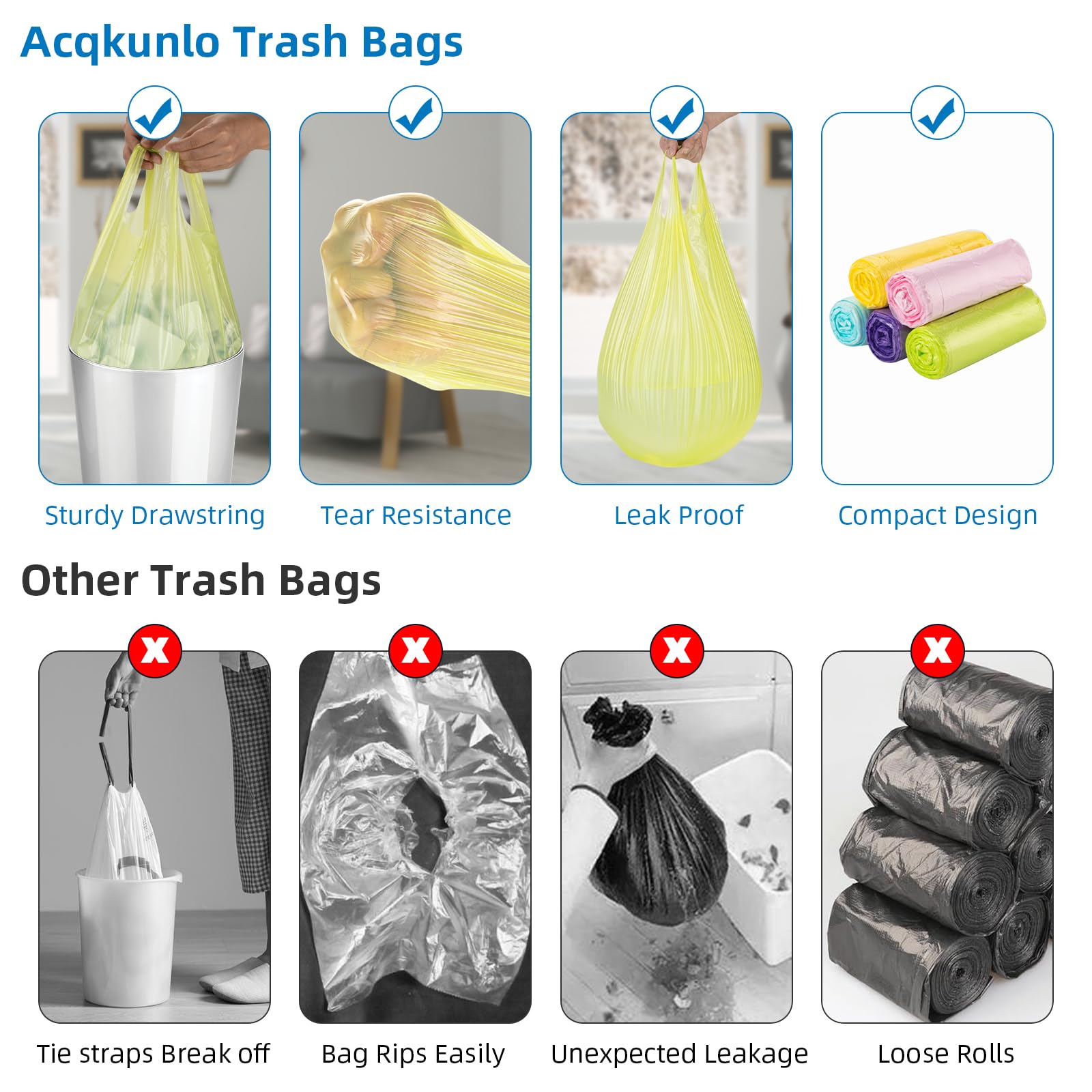 Bolsas de basura pequeñas para cocina, baño, 4 galones, varios colores, con asa, para coche, tamaño mediano, para exteriores, patio, oficina, patio, ecológica, 200 unidades, plástico fuerte Acqkunlo