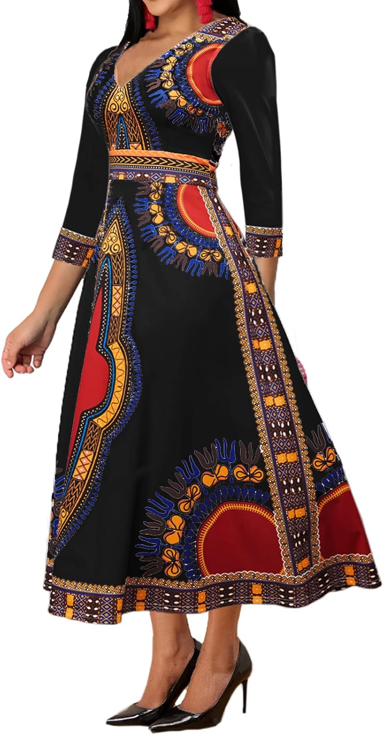 African Dresses for Women Elegant V Neck 3/4 Sleeve Casual Long Maxi African Attire Dress - Image 2