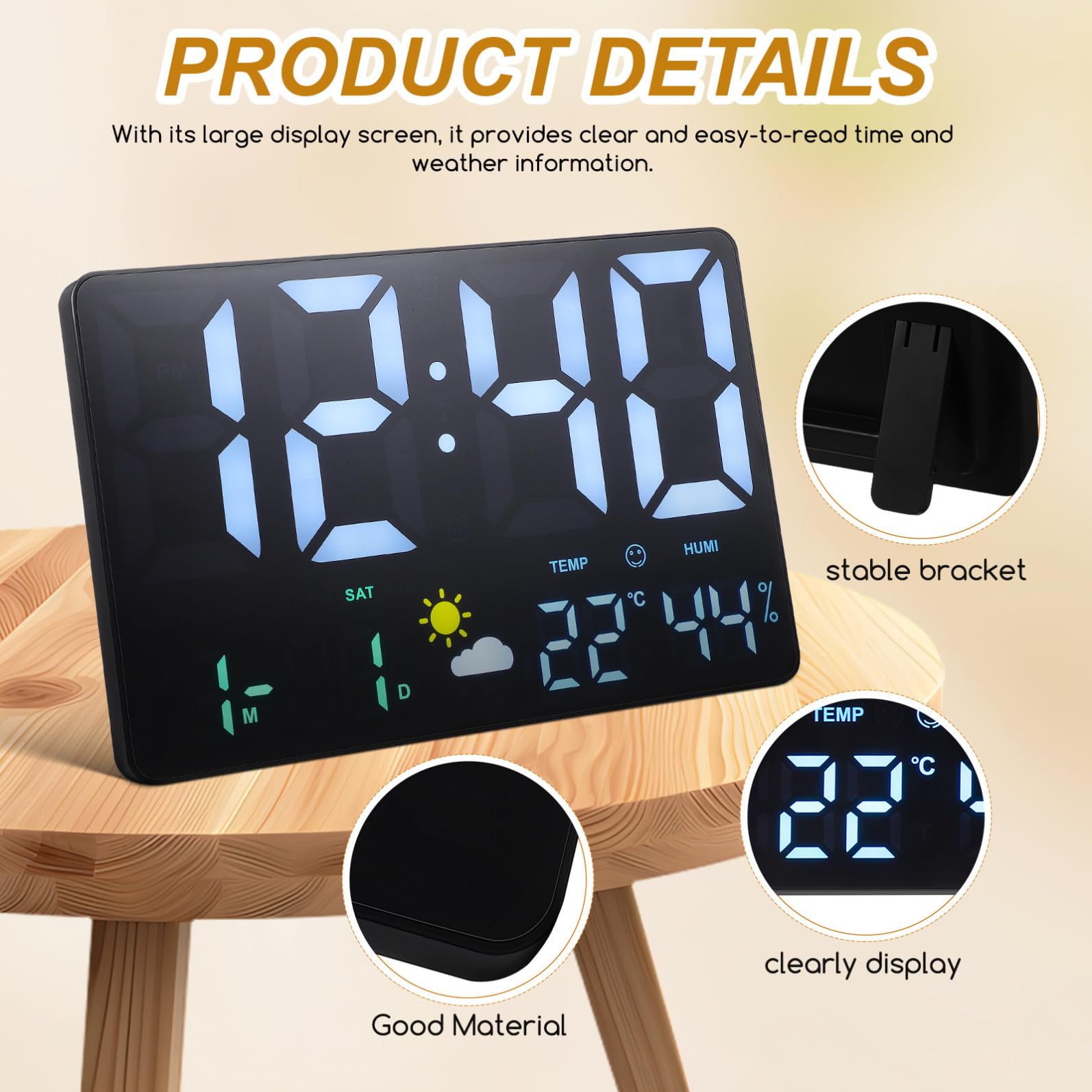 FOMIYES Orologio da Parete Digitale Nero Sensore di Pressione Atmosferica e Umidità, Display LED Grande per Soggiorno e Ufficio Calendario e Luci Colorate