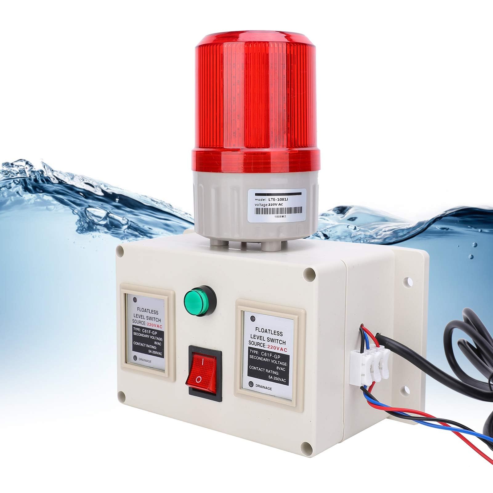 Wasseralarmsensor, Wasserstandsalarmsensor, 90-105 dB Einstellbare Tanküberwachung, Wassermelderalarm, Korrosionsbeständig, nicht leicht zu rosten, EU-Stecker AC220V