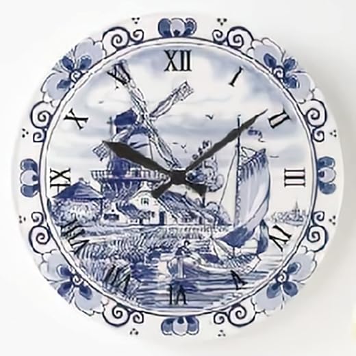 ArogGeld Dutch Windmill Sailboat Wall Clock - Delft Blue, 10 Inch, Battery Operated, Silent, Round, Wooden, Unisex, Indoor, Rustic, Analog, White Dial