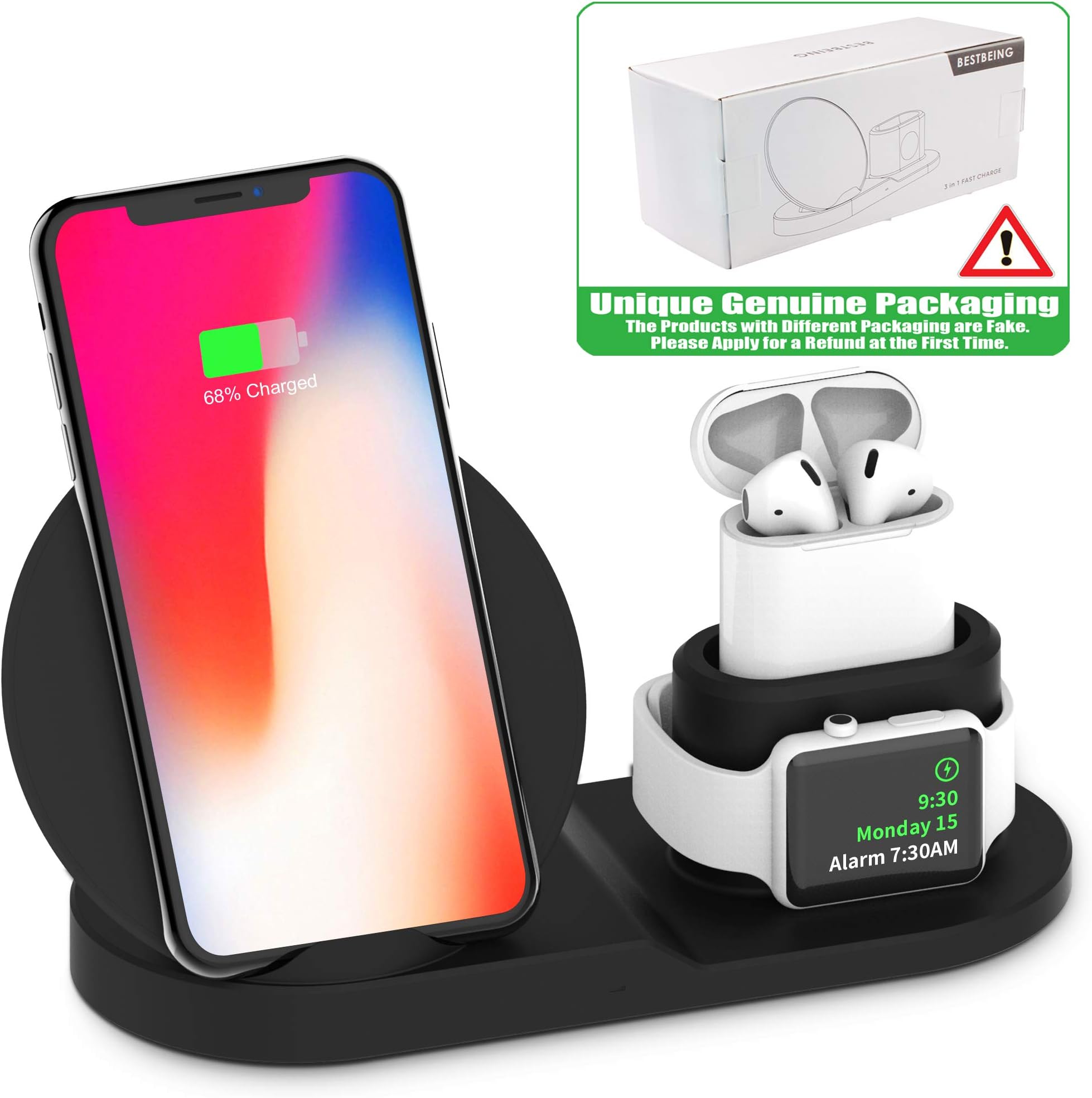 Wireless Charger, Compatible iph one Charger, 3-in-1 Replacement Charging Station for iph one Xs/X Max/XR/X/8/8Plus/Watch (A)