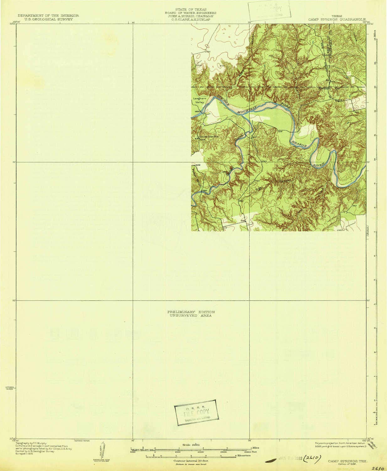YellowMaps Camp Springs TX topo map, 1:62500 Scale, 15 X 15 Minute, Historical, 1932, 19.8 x 16.3 in - Tyvek