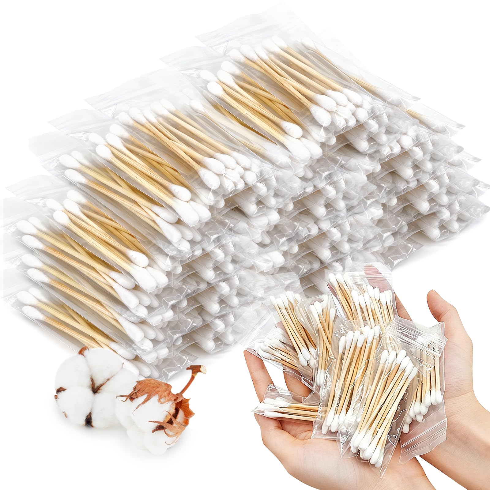 1000 Stück (100 Stück à 100 Stück) Bambus-Wattestäbchen für Ohren, einzeln verpackt, runde Spitze, Bio-Ohrstäbchen, Reise-Ohrreinigung, Wattestäbchen für Make-up, Hotel, Camping