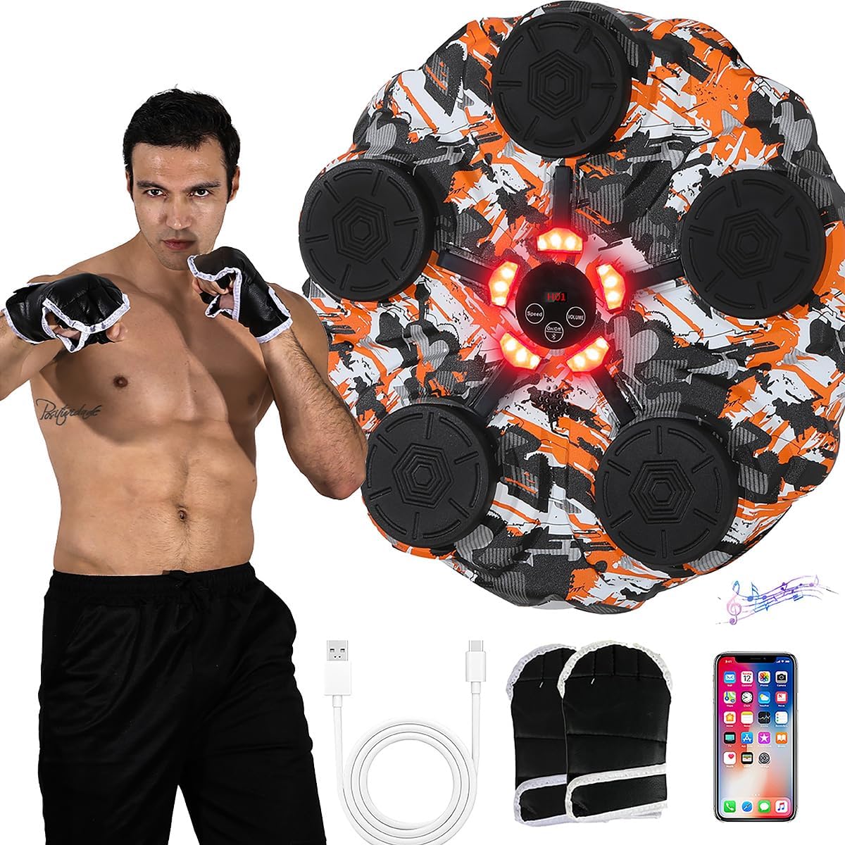 shengshi Music Boxing Machine with Bluetooth & Boxing Gloves - Smart Interactive Punching Trainer for Adults Kids, Wall-Mounted Reflex Target with 9 Speeds, Perfect for Home, Gym, Office Fun Workouts urban camouflage