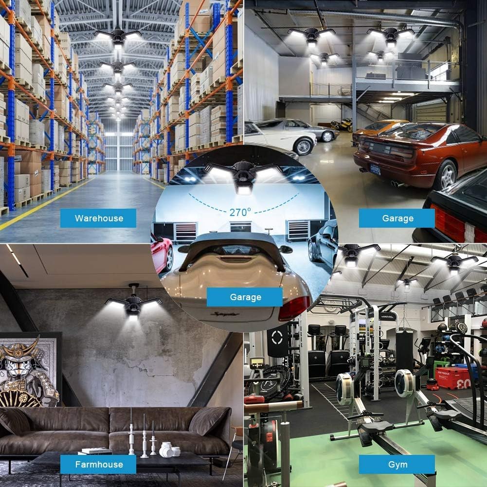 Get Special Price 2 Pack LED Garage Lights 80W Deformable LED Garage Lights, 8000LM E26 Three-Leaf Garage Ceiling Light Fixtures, 6500k LED Garge Ceiling Lights for Basement, Warehouse, Workshop