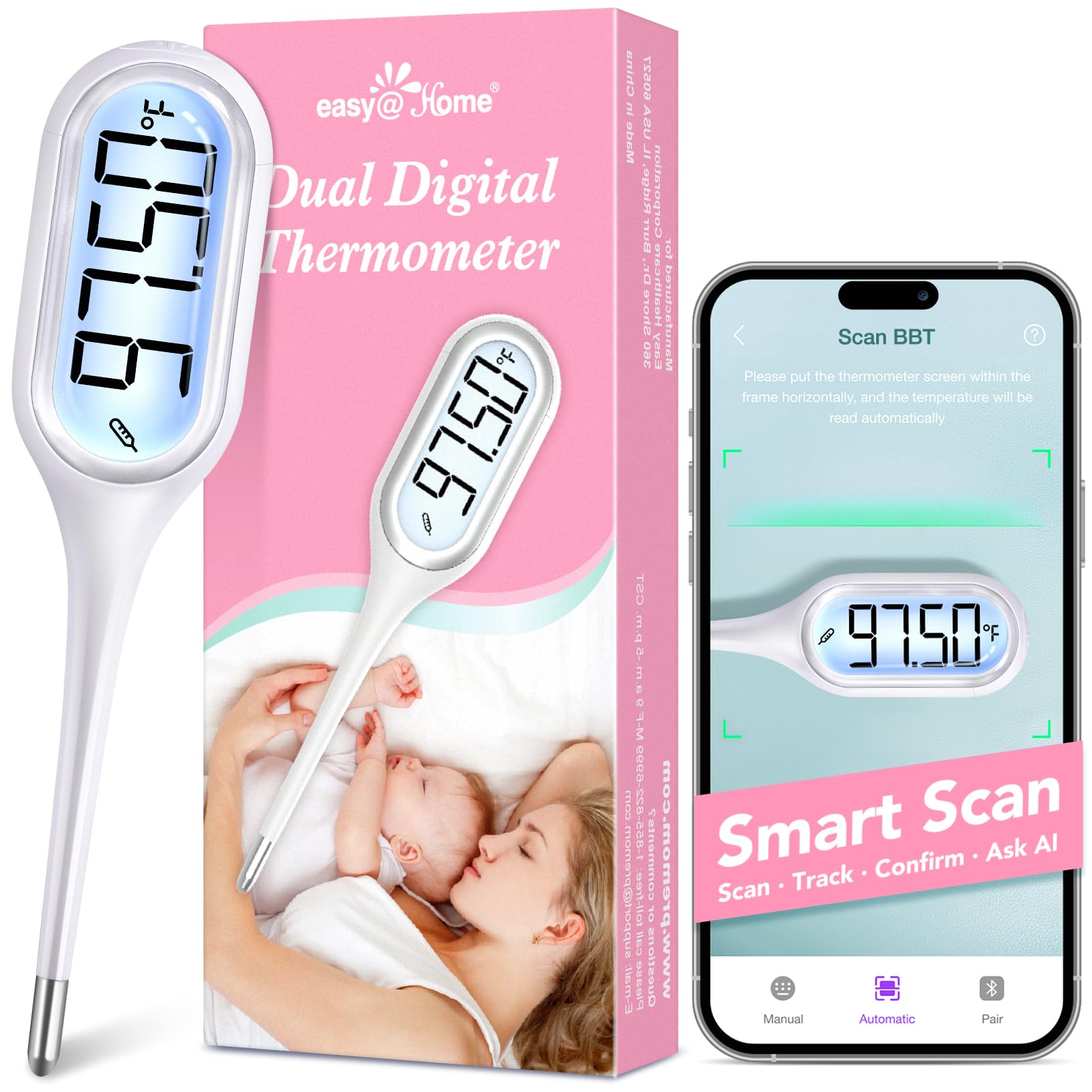 Digital Basal Body Thermometer: Easy@Home Accurate BBT for Ovulation Tracking & Fast Oral Thermometer with Large LCD Backlit Display | 1/100th Degree High Precision & Memory Recall | EBT-013