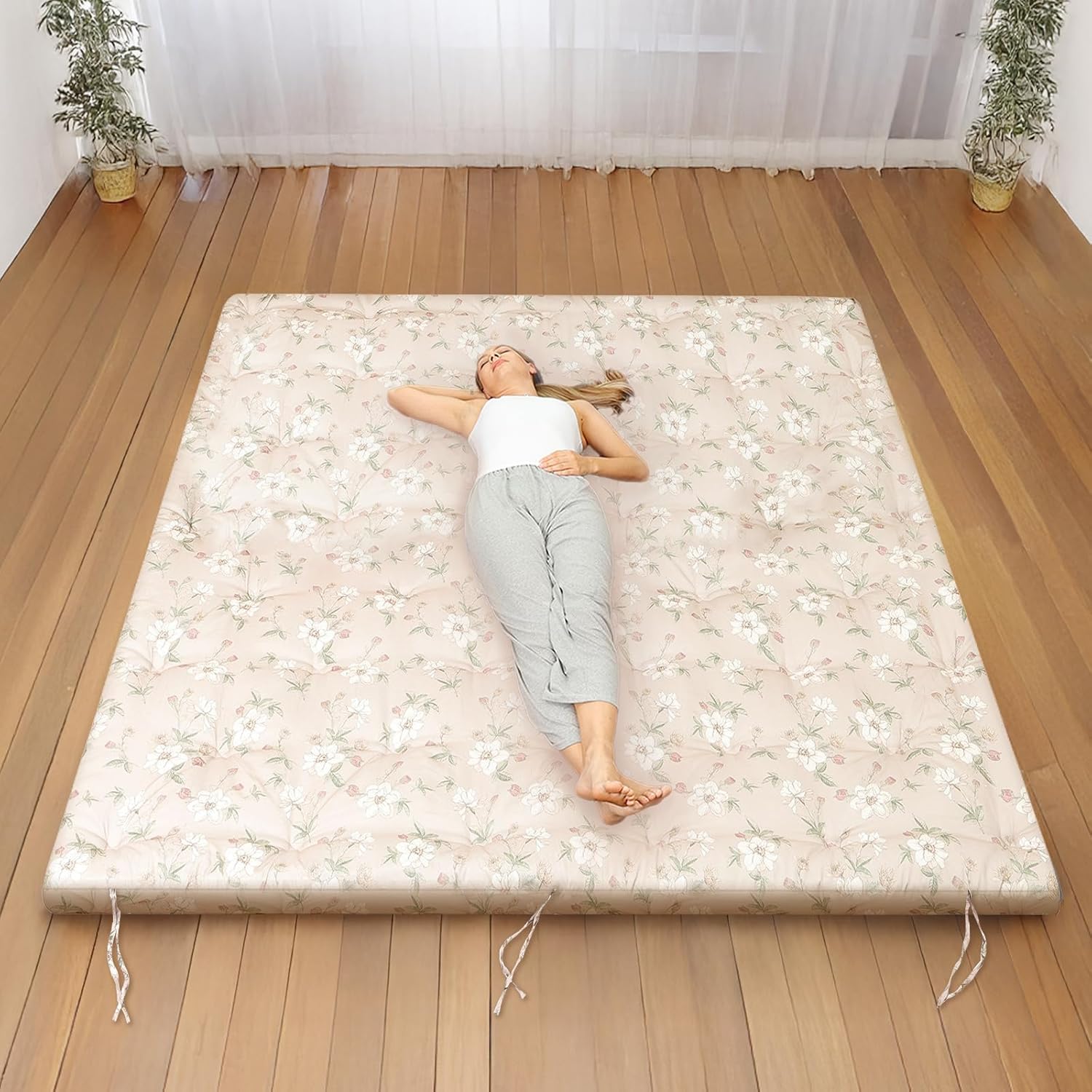 Syrinx Japanese Floor Futon Mattress Twin Size 75"x39", Thicken Foldable Lazy Floor Bed for Adults, Roll Up Lounger Tatami Sleeping Mat, Water Resistant Futon Tatami Mattresses for Home, Travel. 06 - White Blooms 39" × 75"(Twin)