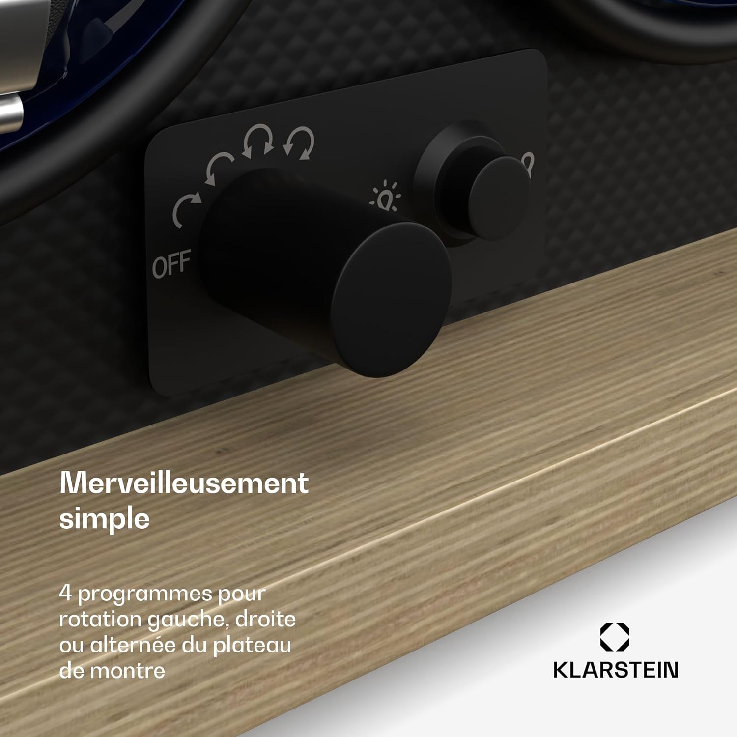 Close-up of the control panel on the watch winder, showing the power switch, rotation mode selector, and LED light switch.