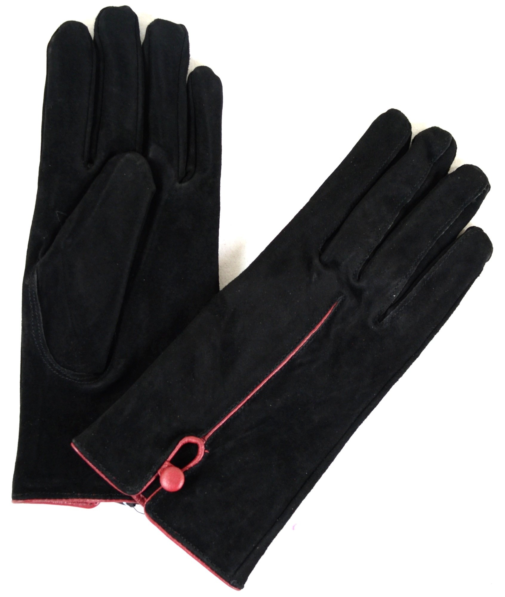 Ladies Suede Gloves with Fleece Lining and Button Design - Black - Medium (7
