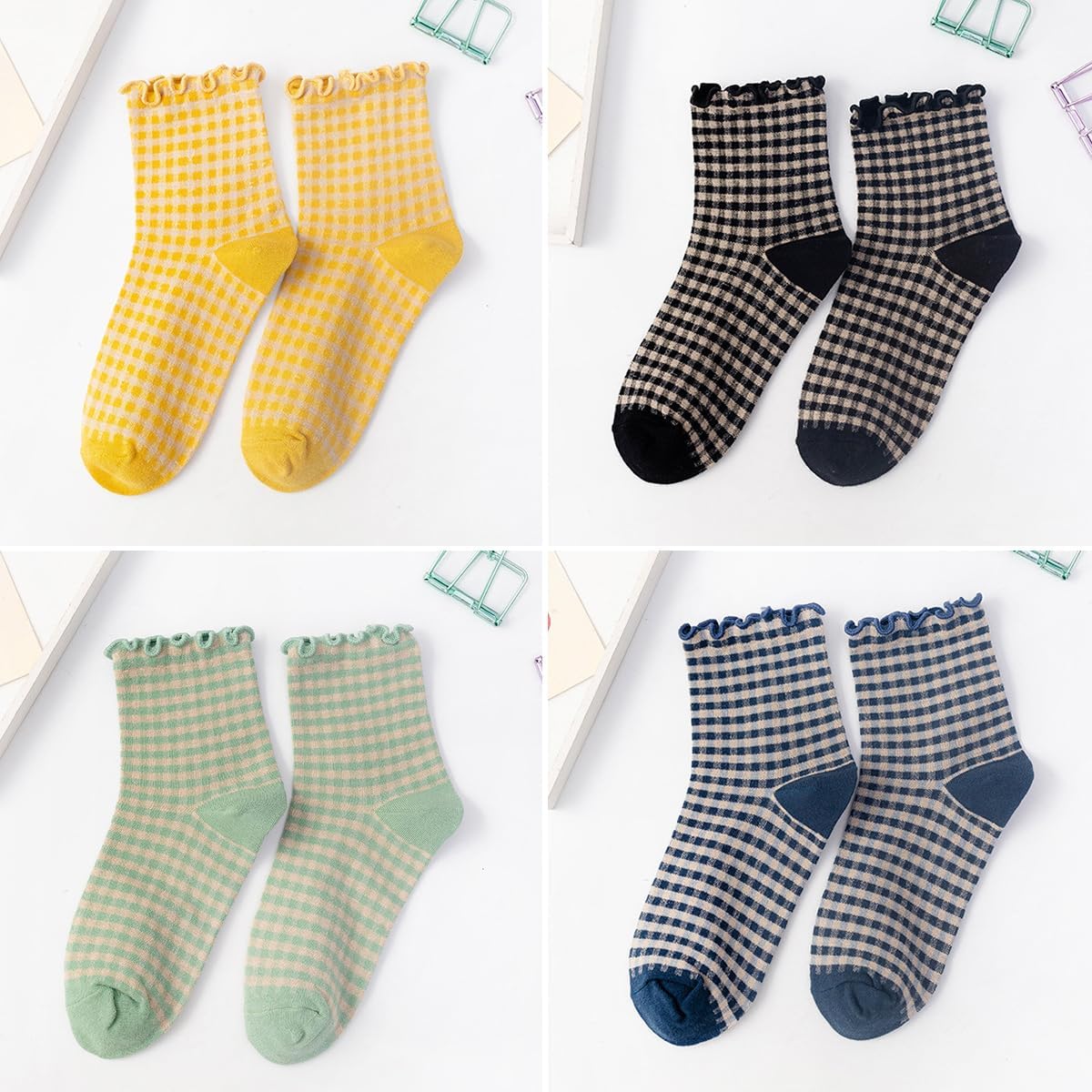 Women Cute Ruffle Socks Cotton Casual Athletic Frilly Ankle Sock Checkered/Plaid - Image 5