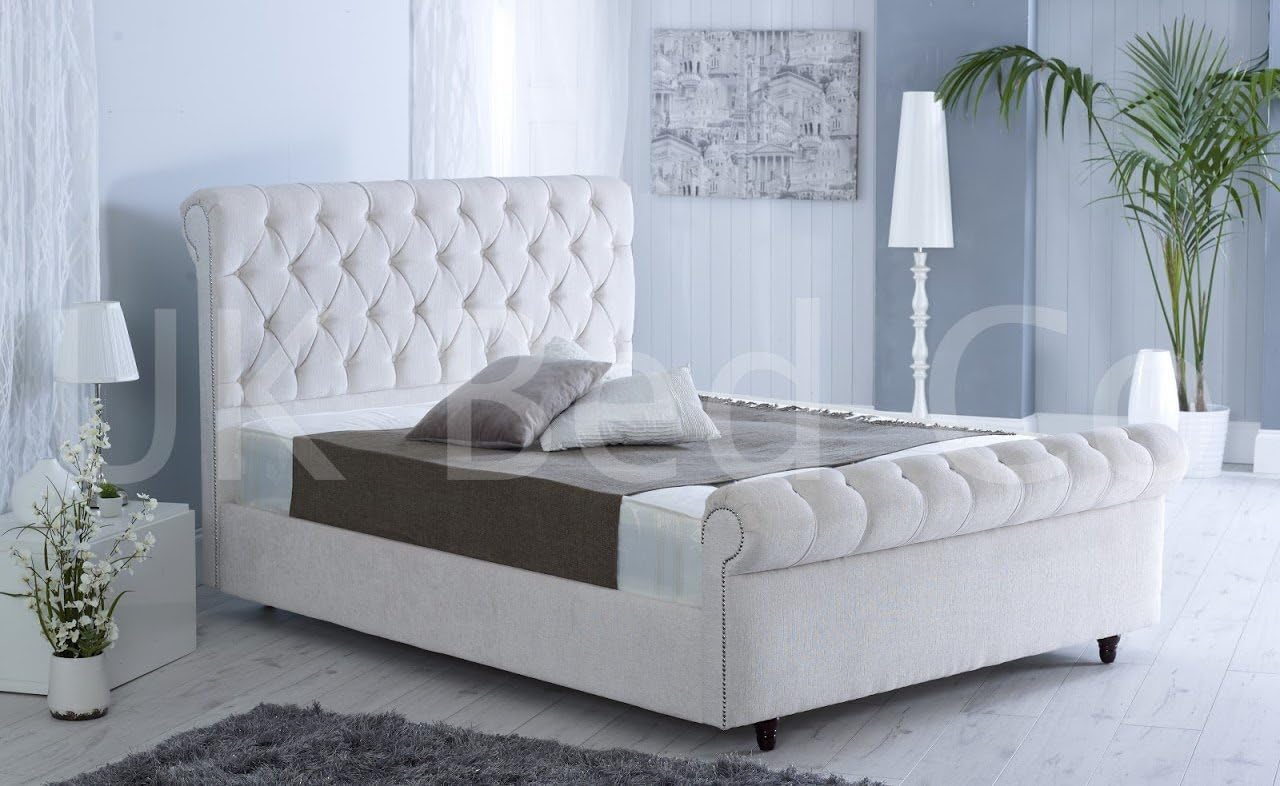 UKBED MANUFACTURER DELUXE STYLE SLEIGH CRUSHED VELVET DESIGNER BED UPHOLSTERED FRAME FABRIC HEADBOARD FOOTBOARD LUXORIOUS DIAMANTE (5FT, White)