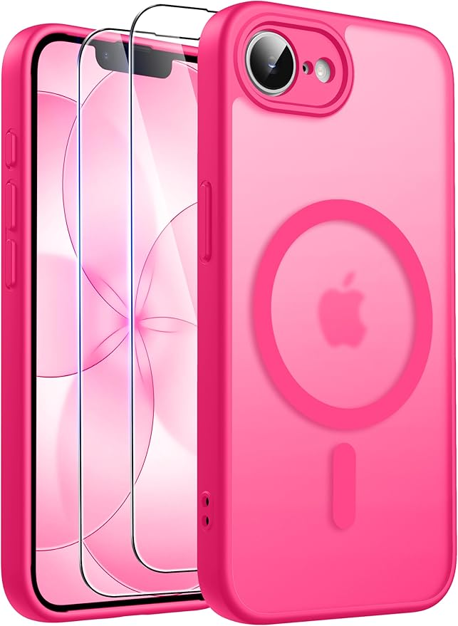 Qasyfanc Coque Magnétique pour iPhone 17e/iPhone 16e Compatible avec MagSafe avec 2 Verre trempé Protection écran, Anti-Jaune Antichoc Caméra Protecteur pour iPhone 17e/iPhone 16e-Rose Vif