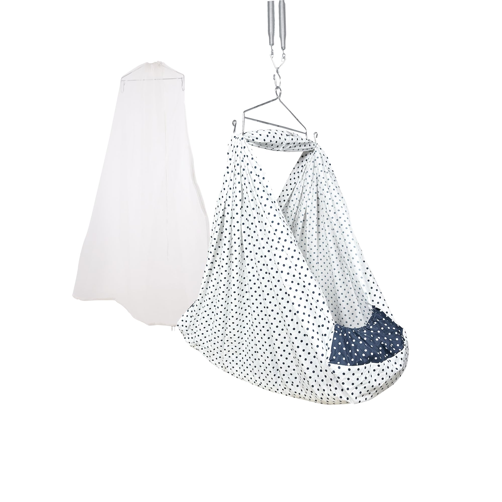 beetot Baby Cradle Set Swing/Jhula (Thottil Cloth, Palna, Dolna) | Hanging Cradle with Removable Bed, Mosquito Net, Spring, Triangle Hanger | Up to 15 kg | 0-2 Years | PRE-LT Navy DOT-PRINT-15983