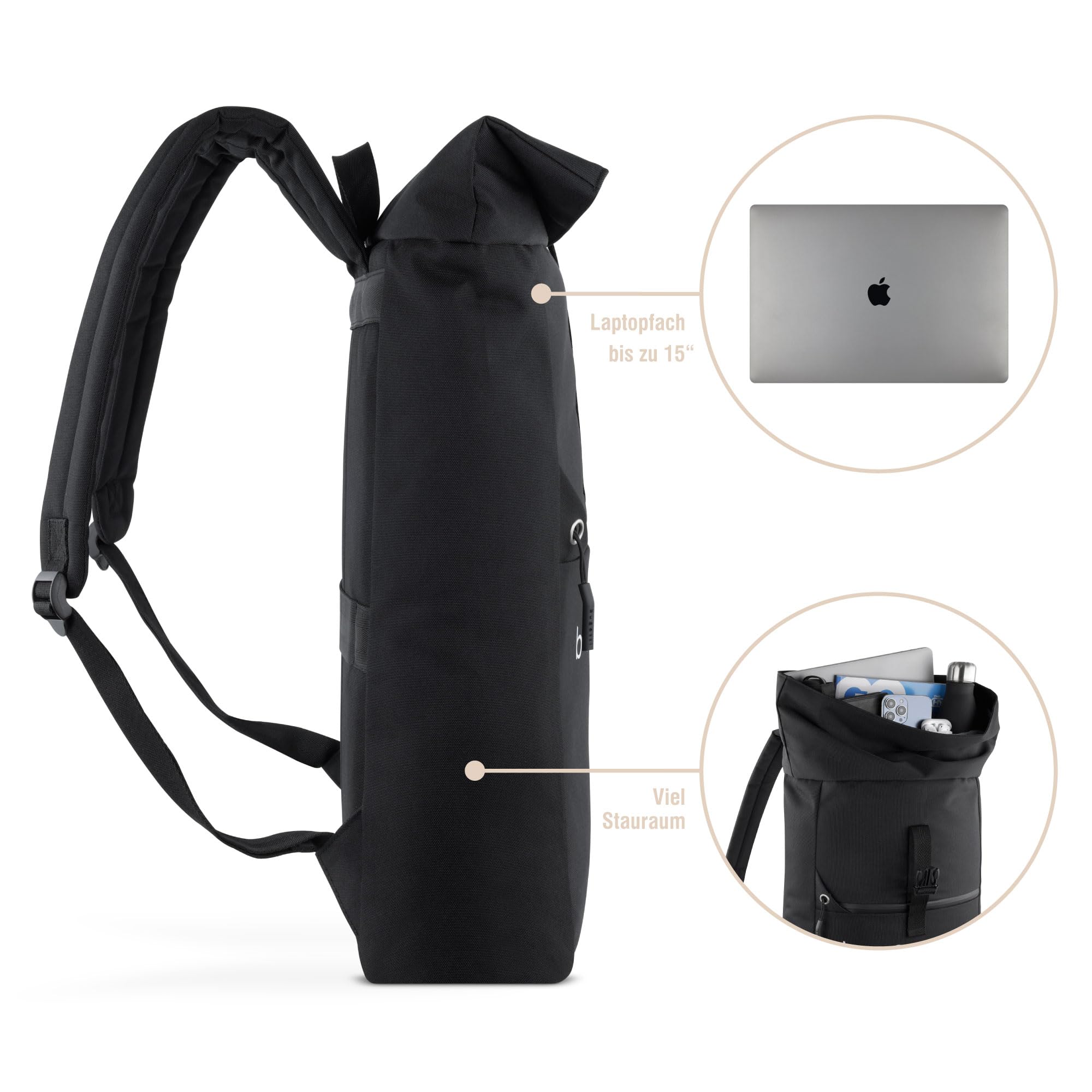 bugatti Passion “Fashion” Rolltoprucksack 15", Rollrucksack aus RPET für Uni Business Fahrrad, schwarz