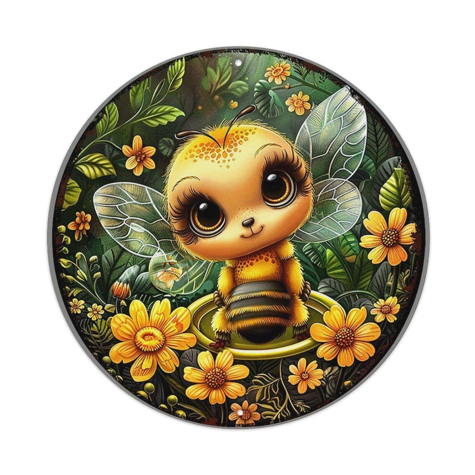 Cute Bee Floral Garden Art Tin Sign Metal Poster Vintage Metal Signs for Home Man Cave Bar Cafe Kitchen laundry room Wall Decorations Gift 8x8Inch