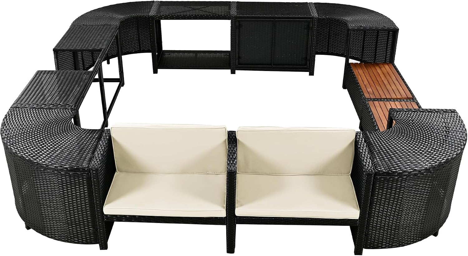 Merax Rattan Patio Furniture Set for Poolside, Spa Surround Spa Frame Quadrilateral Outdoor Sectional Patio Sofa Set with Wooden Seats and Storage Spaces for Backyard, Beige