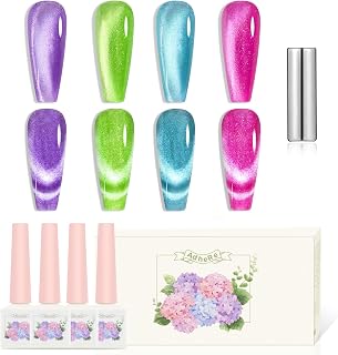 ADHERE 12ml Cat Eye Gel Nail Polish Set - 4 Colors with Magnetic Effect for Unique at-Home Manicures - Sparkling Purple, Blue, Green,Rose red - Gift for Women