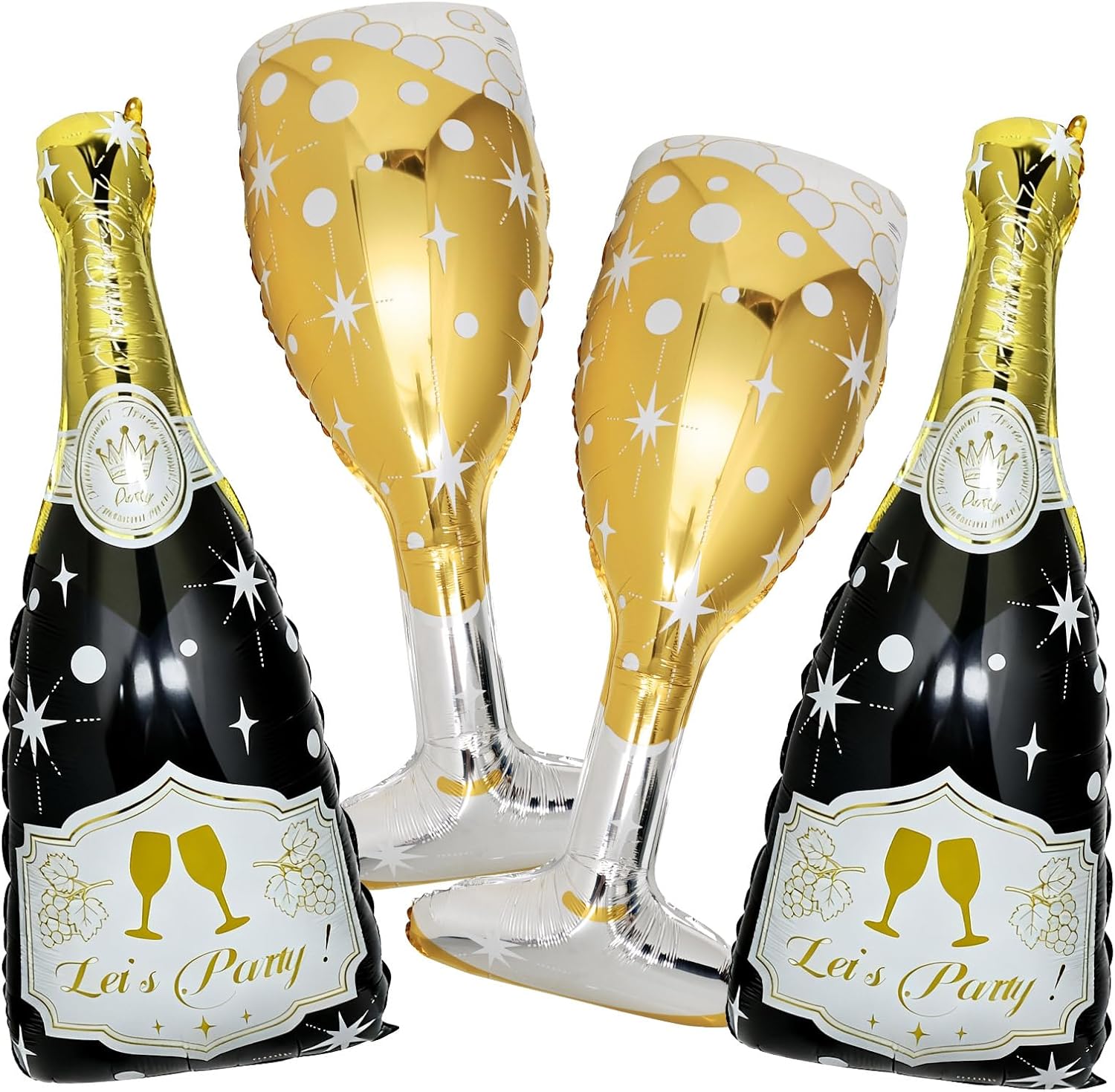 4 Pcs Champagne Balloons, Huge Black Gold Champagne Bottle Goblet Aluminum Foil Balloons for Birthday, Bachelorette, Graduation, Anniversary, 2026 New Years Eve Party Decorations Supplies