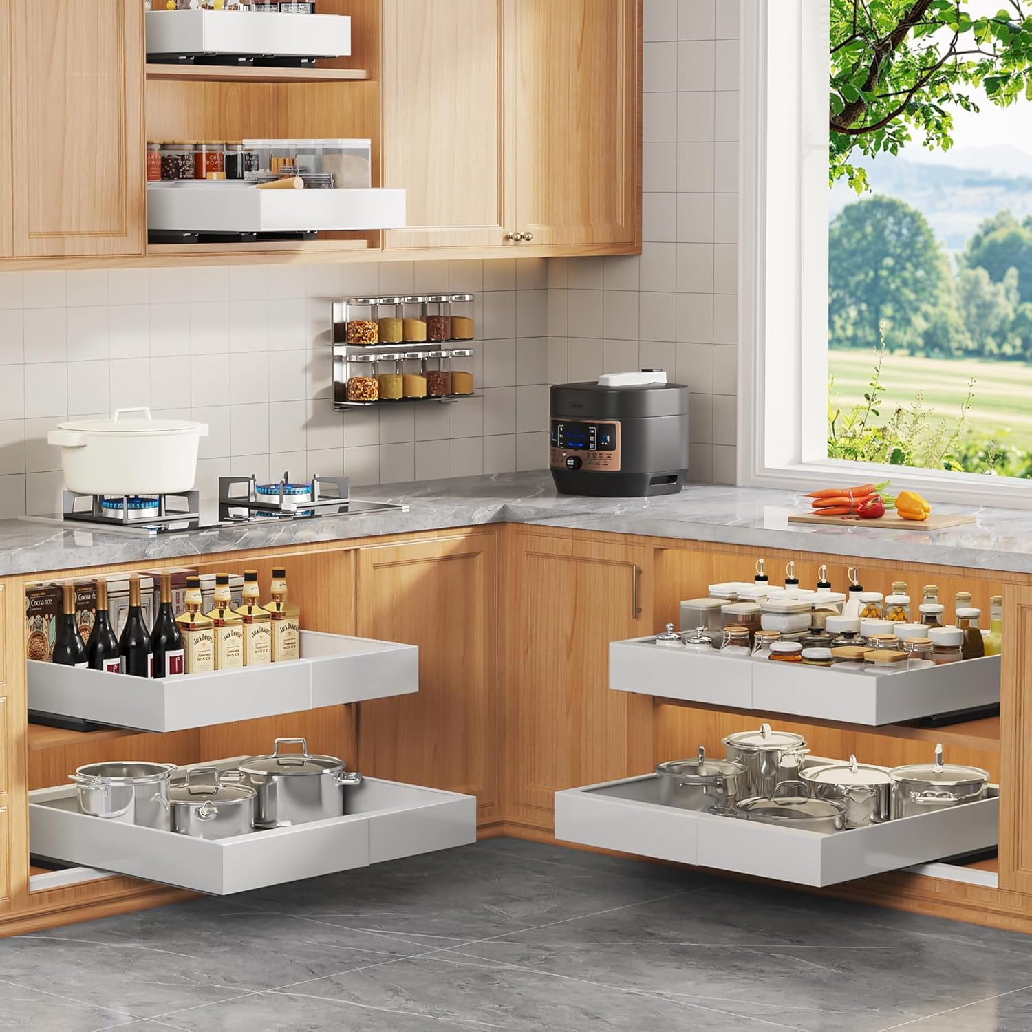 Tiroir Coulissant Cuisine Adhesif avec Nano-adhésif, 42CM de Profondeur Tiroir Télescopique Cuisine, Rangement Placard Extensible, Largeur Réglable 34-48cm (Blanc)