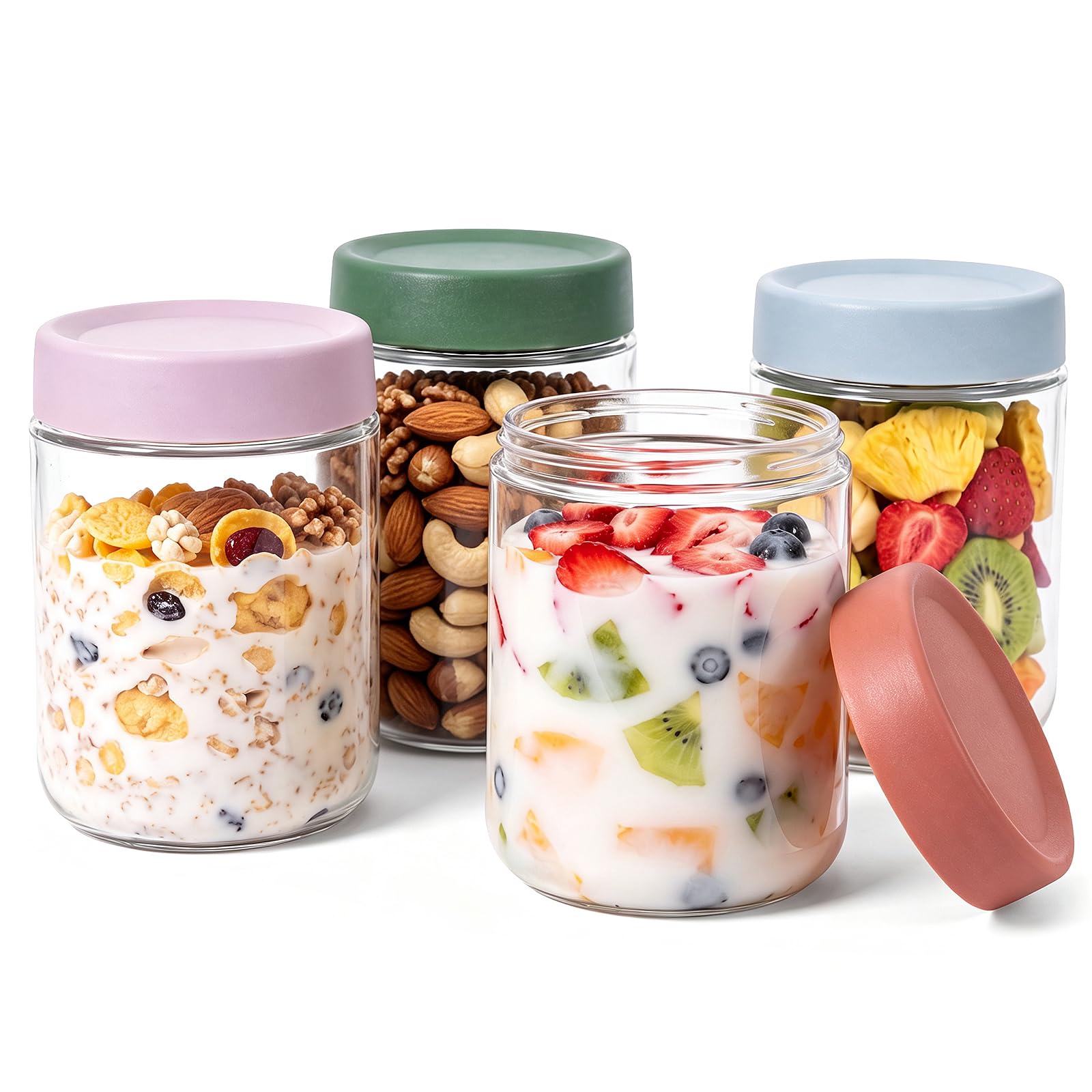 WOMENSAN Overnight Oats Jars Set of 4, 500ml Glass Jars with Lids