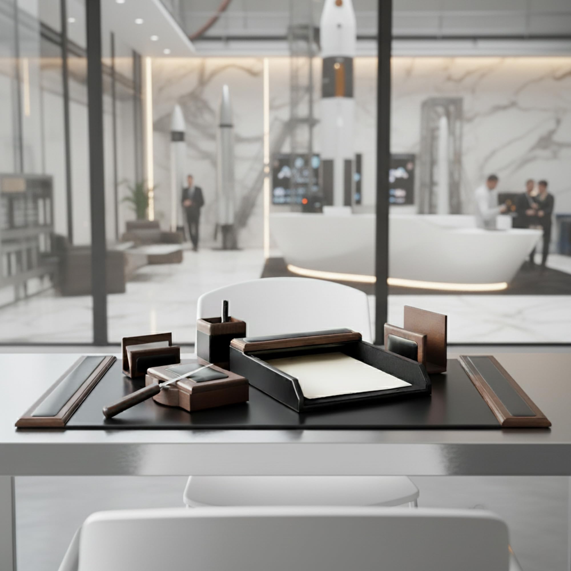 Dacasso Set da scrivania, Noce e Nero in Pelle, Pezzi, legno, walnut and black leather