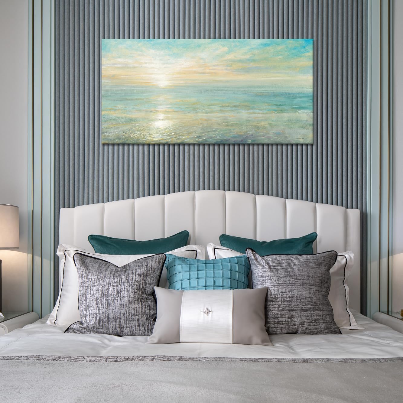 Goldfoilart Beach Sunrise Pictures Ocean Wall Art Coastal Canvas Prints Sea Waves Poster Paintings for Living Dining Room Bedroom Bathroom Framed Artwork Decorations Home Decor 20"x40"