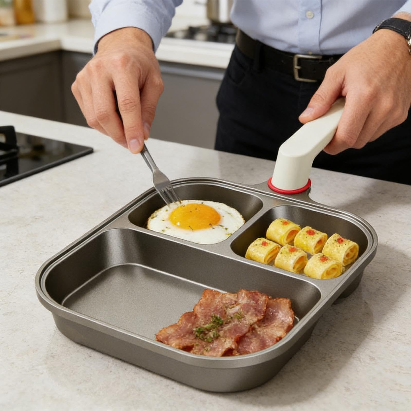 Tegamino per uova Padella colazione a 3 scomparti | Padelle in Titanio Antiaderente con Coperchio e Spatola in Silicone per Preparazione Pancetta Uova Pancake