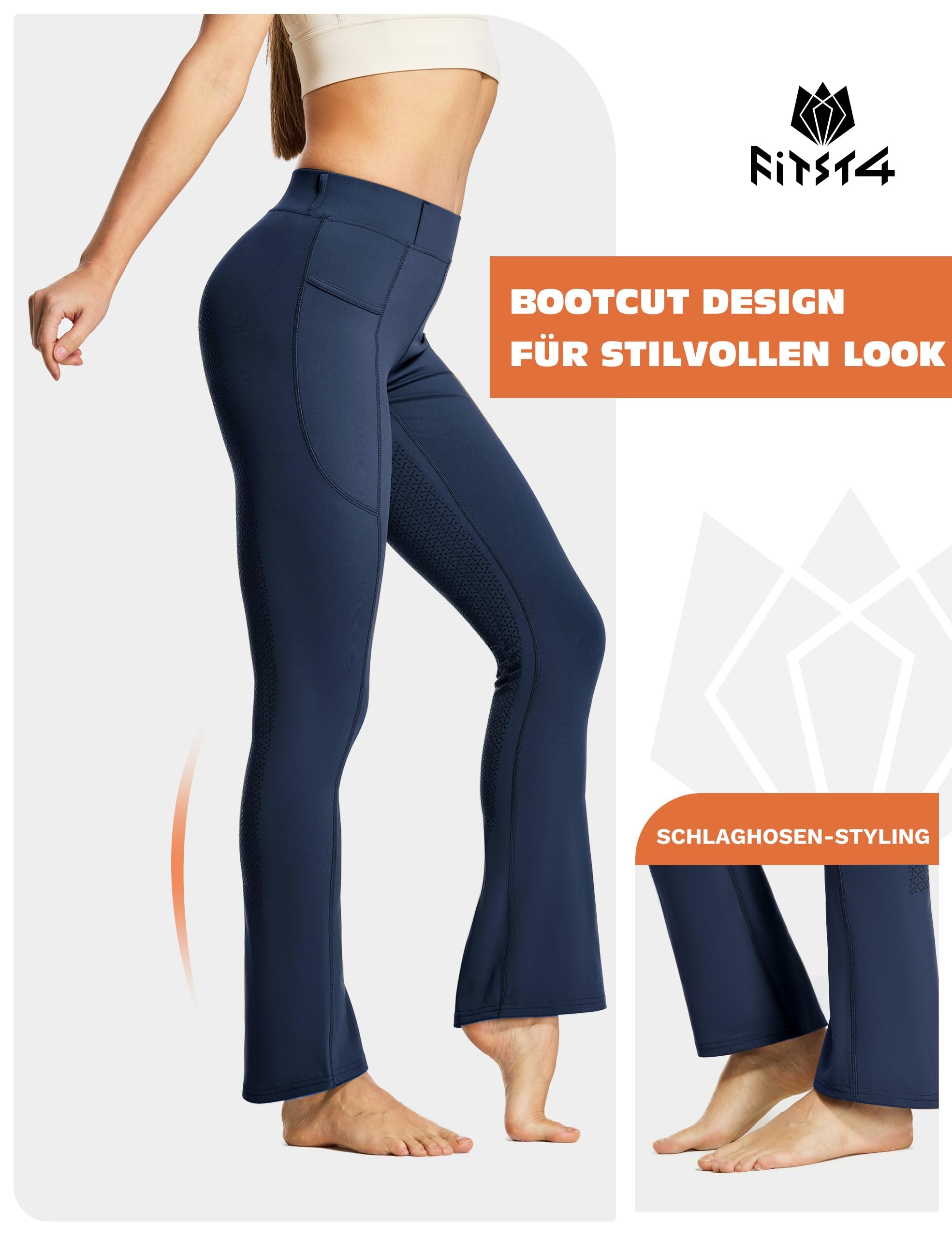 FitsT4 Sports Damen Reithose Bootcut Reitleggings Silikon Vollbesatz Schlaghose Reithose mit Handytasche und Gürtelschlaufen für Reitsport Pferdetraining Reitturnier