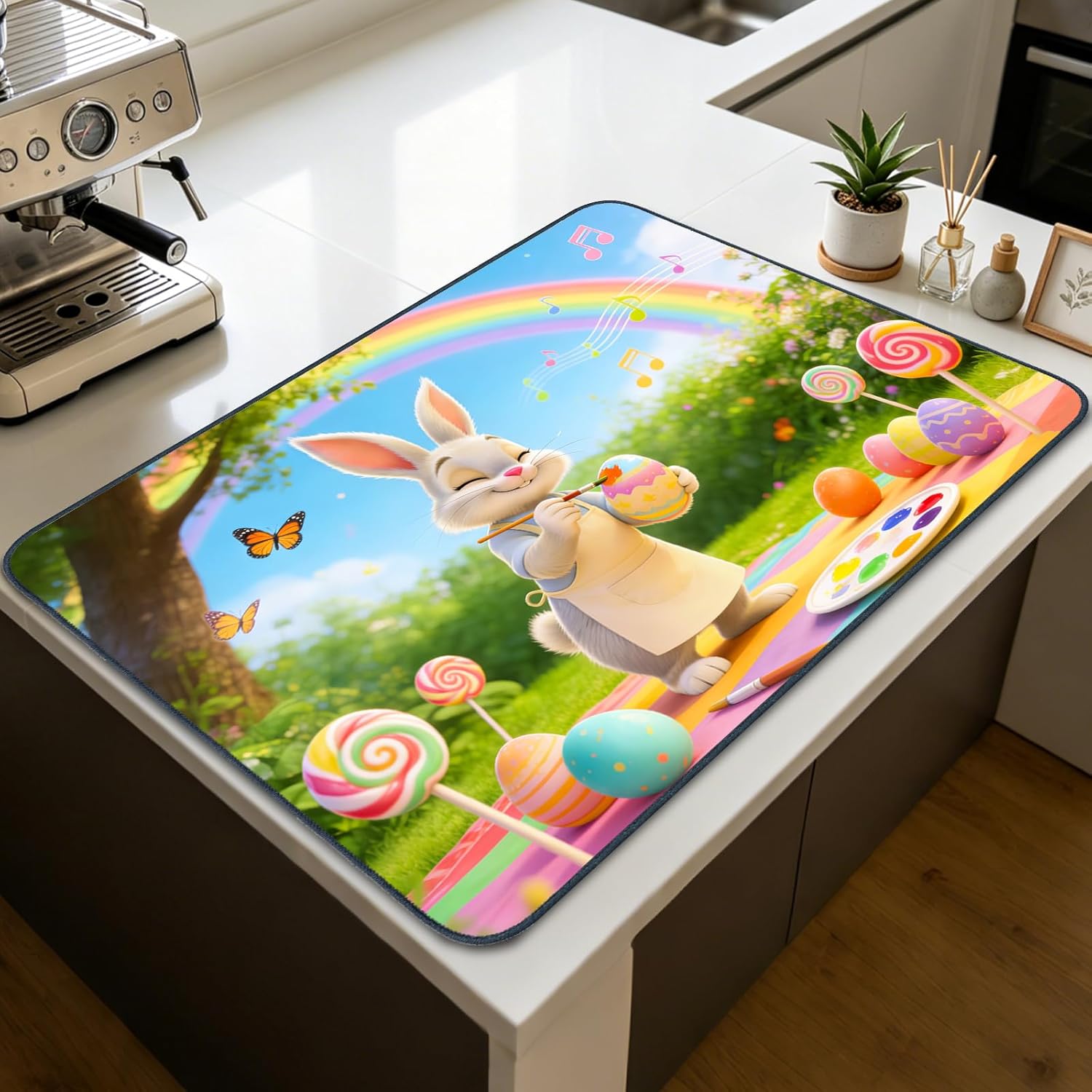 Nuxovilar Stove Top Cover Glass Stove Top Cover Protector Painting Rabbit Rainbow Lollipop Pattern Polyester Diatomaceous Earth 28.65x20.47Inch Kitchen Countertop Home Decoration
