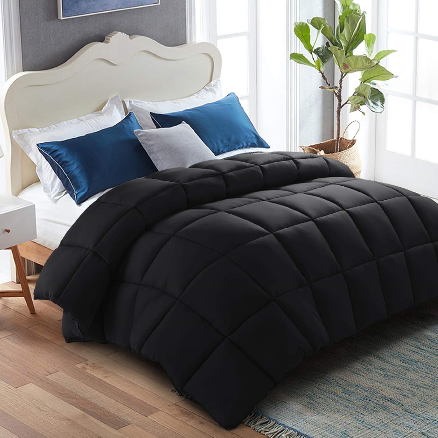 WARM HARBOR Twin Size Reversible Down Alternative Quilted Comforter, All Season Duvet Insert Fluffy Lightweight Bed Comforters with Corner Tabs Black