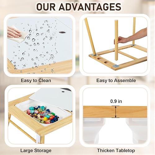 Miniatura 4 de Juego de mesa y sillas de madera, mesa de actividades con taburete, 2 contenedores de almacenamiento y soporte para rollos de papel, mesa de comedor