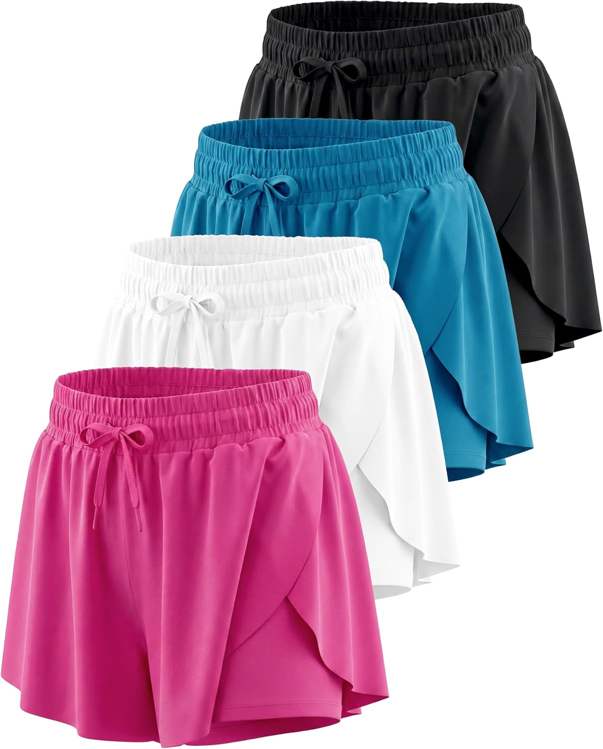 Real Essentials 4 Pack: Girls' 2-in-1 Dry Fit Athletic Flowy Shorts - Butterfly Dance Skirts for Youth & Teens (Ages 4-18)